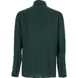 Green Shirt with Pointed Collar and Buttoned Cuffs in Silk GG Jacquard Man