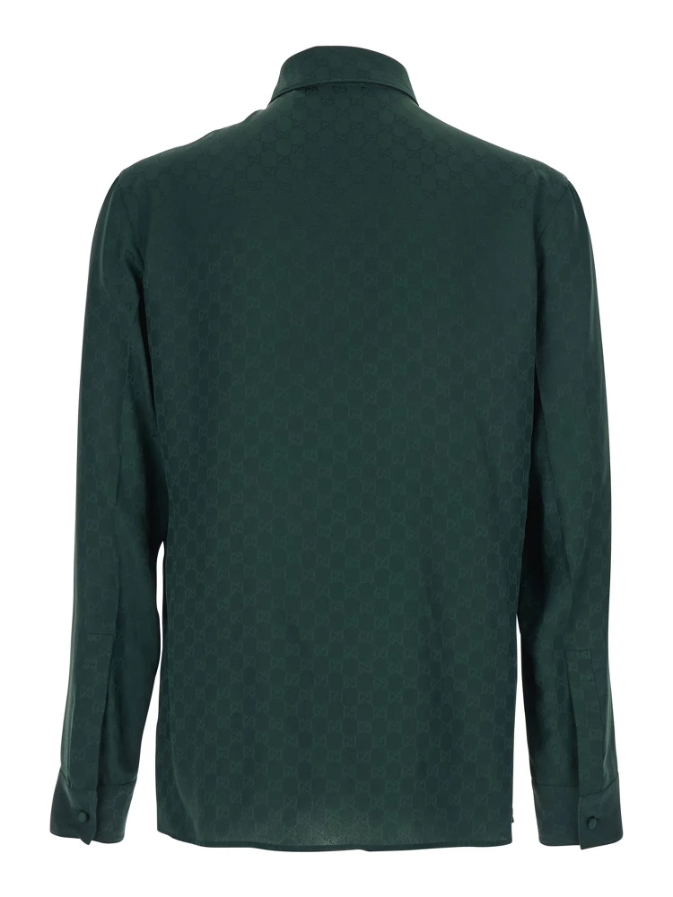 Green Shirt with Pointed Collar and Buttoned Cuffs in Silk GG Jacquard Man alternative