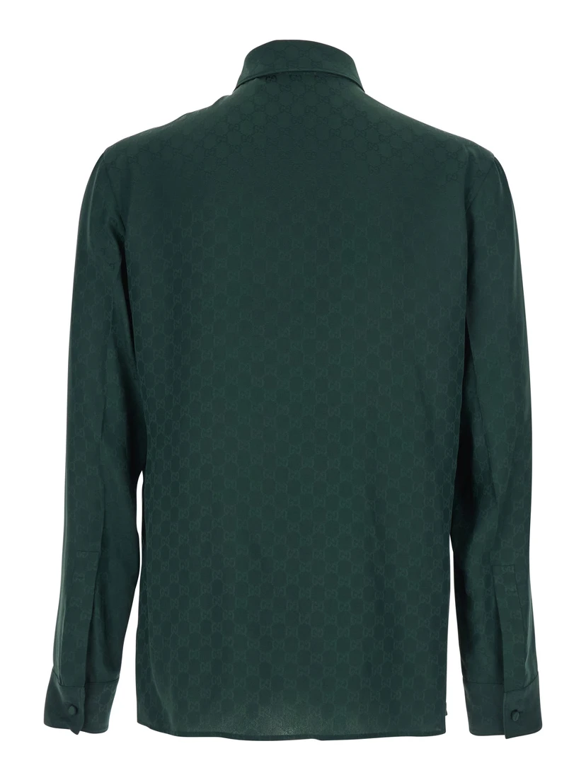 Green Shirt with Pointed Collar and Buttoned Cuffs in Silk GG Jacquard Man