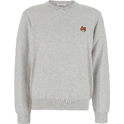 Grey Crew Neck Sweater with Fox Patch on the Front in Wool Man