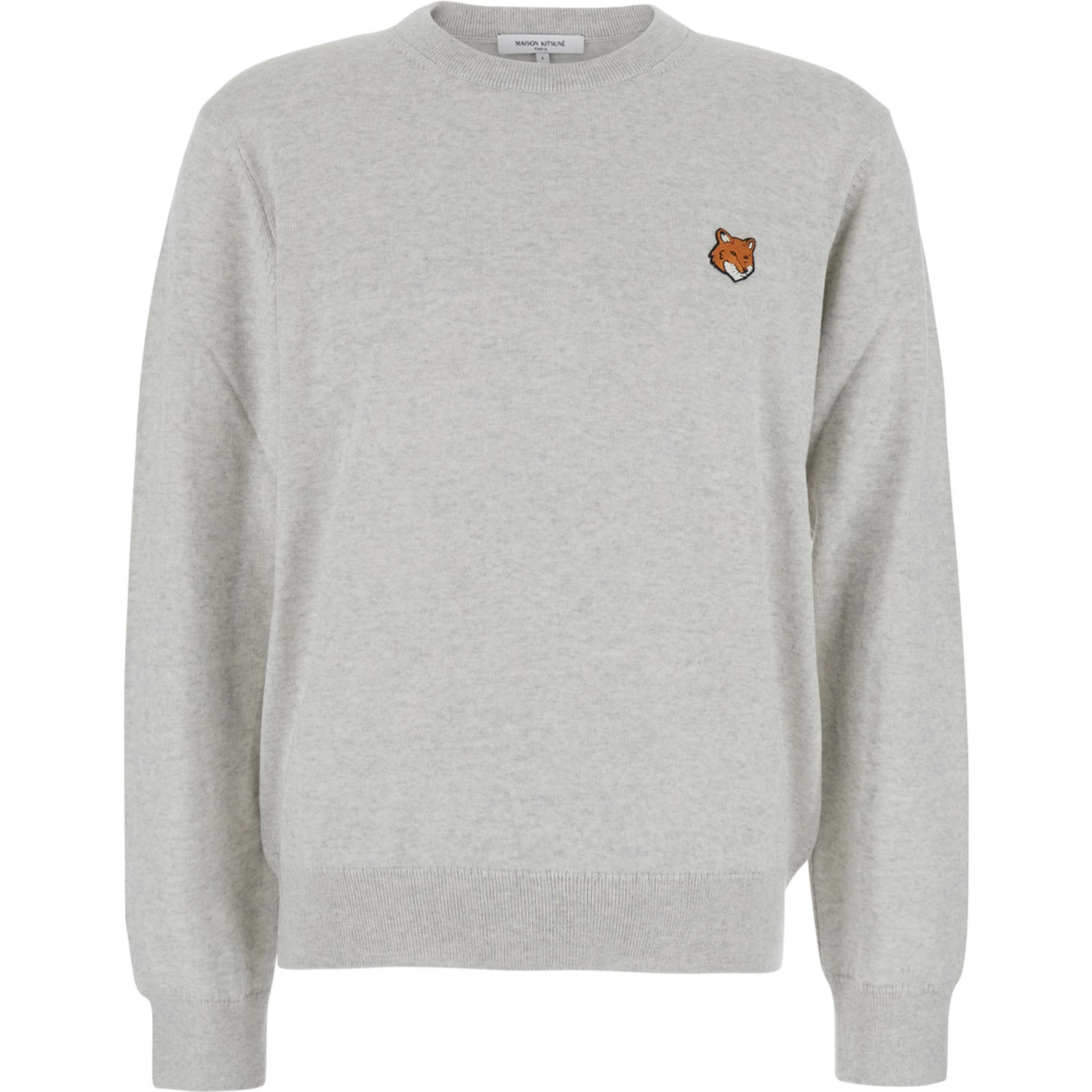Grey Crew Neck Sweater with Fox Patch on the Front in Wool Man