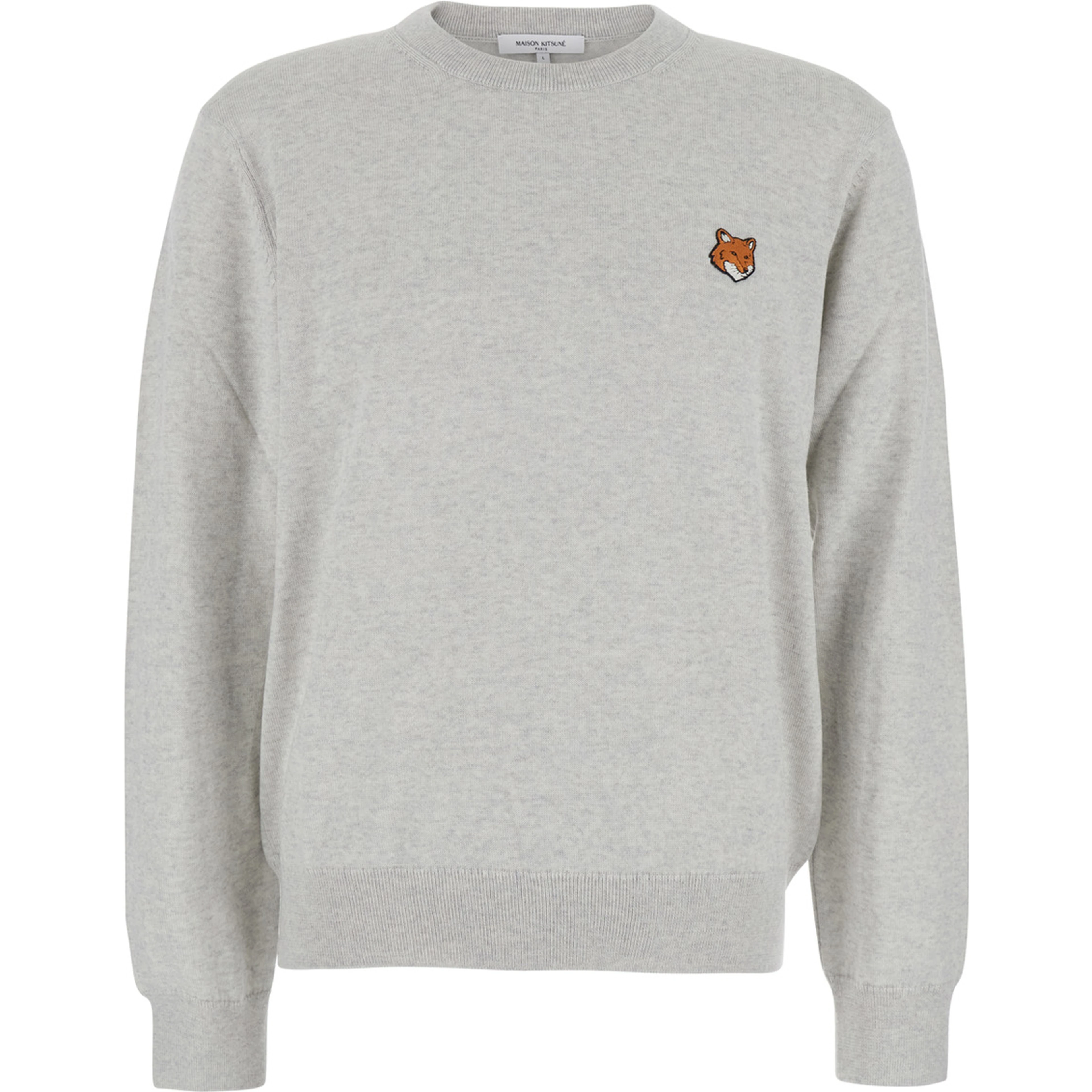 Grey Crew Neck Sweater with Fox Patch on the Front in Wool Man