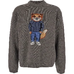 Grey Crewneck Sweater with Logo Embroidery on the Front in Wool Blend Man