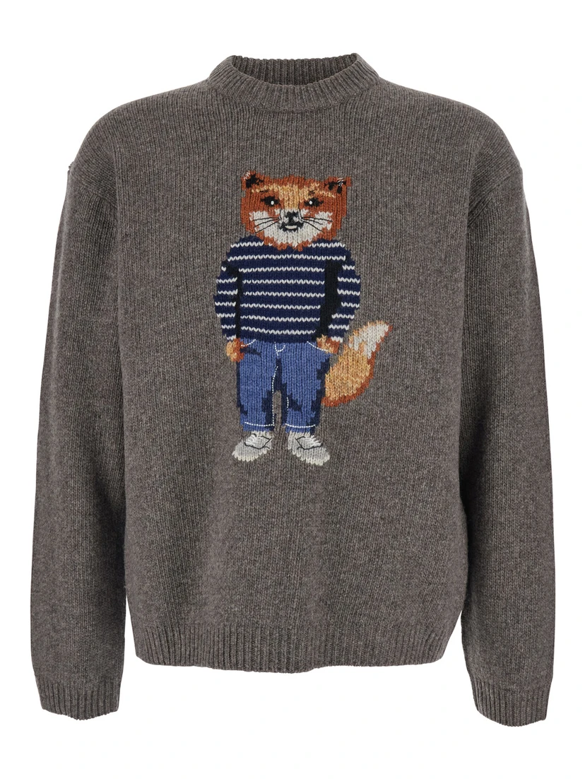 Grey Crewneck Sweater with Logo Embroidery on the Front in Wool Blend Man