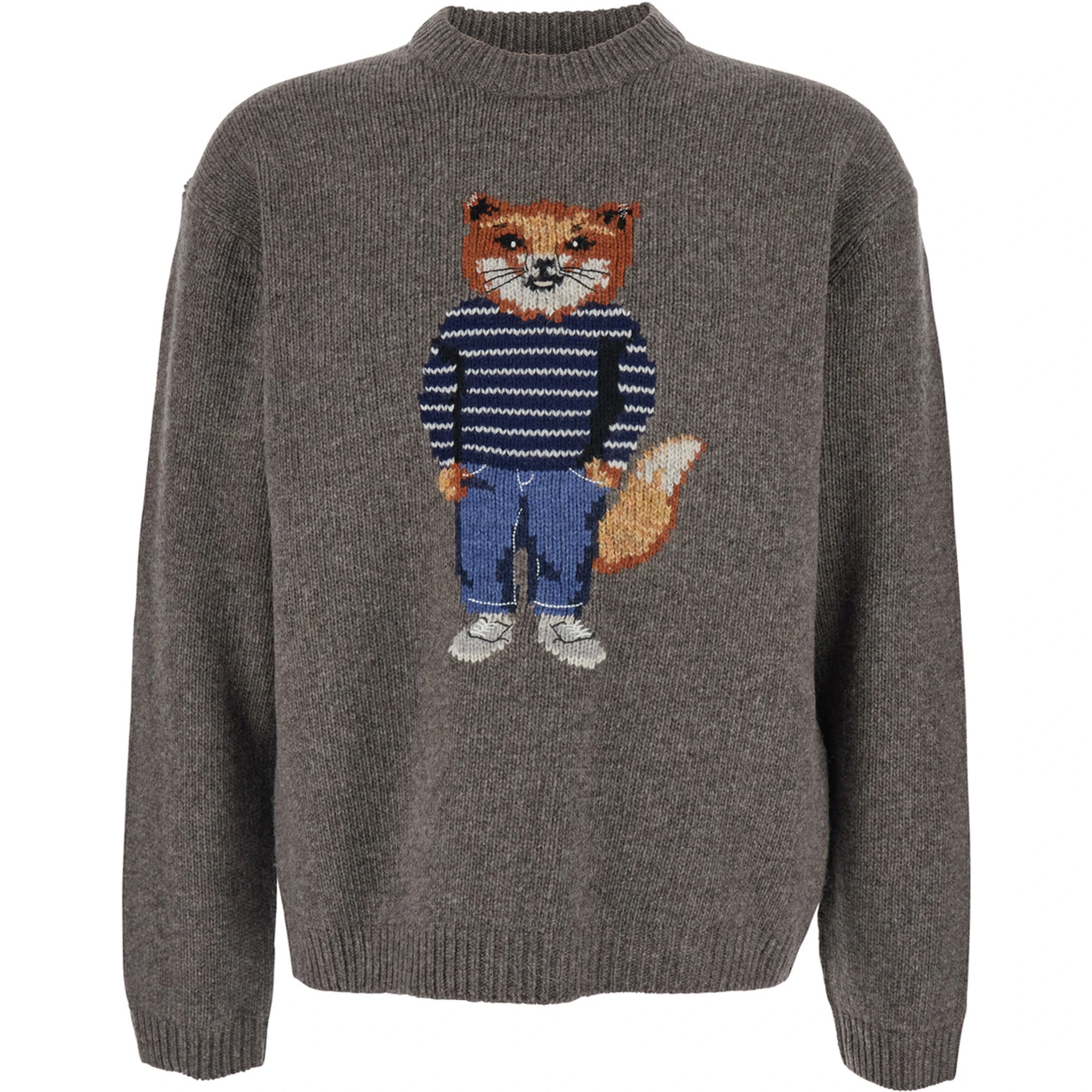 Grey Crewneck Sweater with Logo Embroidery on the Front in Wool Blend Man