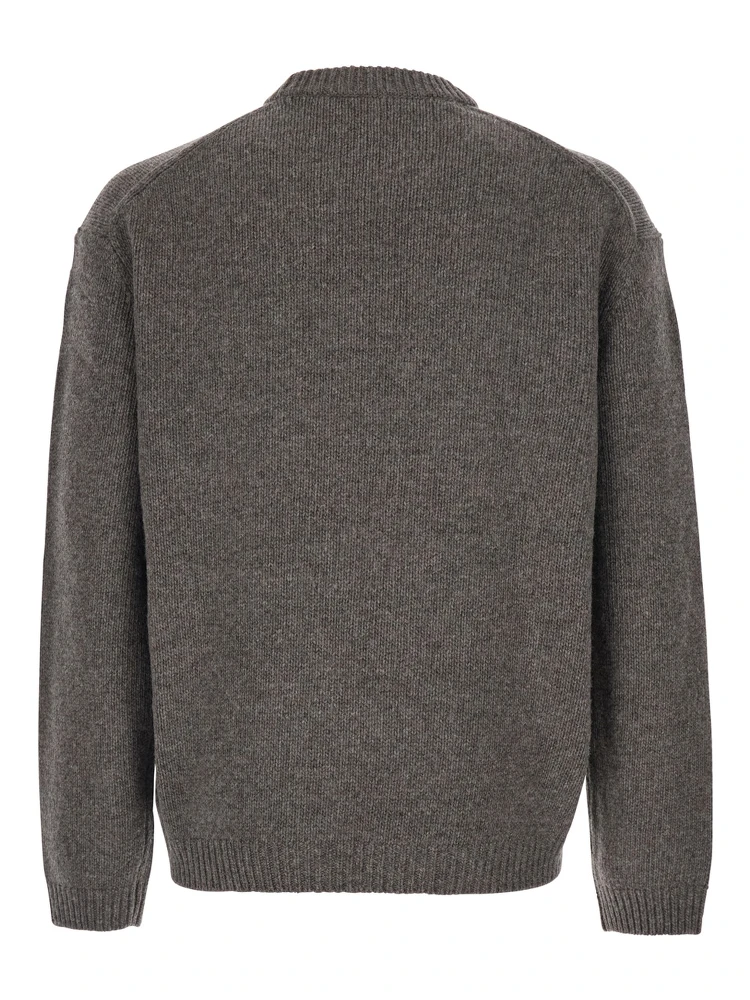 Grey Crewneck Sweater with Logo Embroidery on the Front in Wool Blend Man alternative