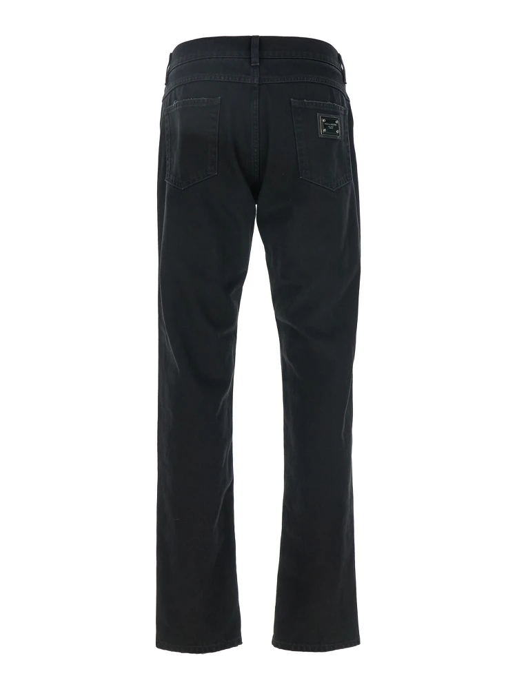 Black High Waist Jeans with Ripped Details and Logo Patch on the Rear in Denim Man