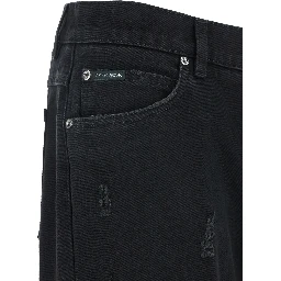 Black High Waist Jeans with Ripped Details and Logo Patch on the Rear in Denim Man