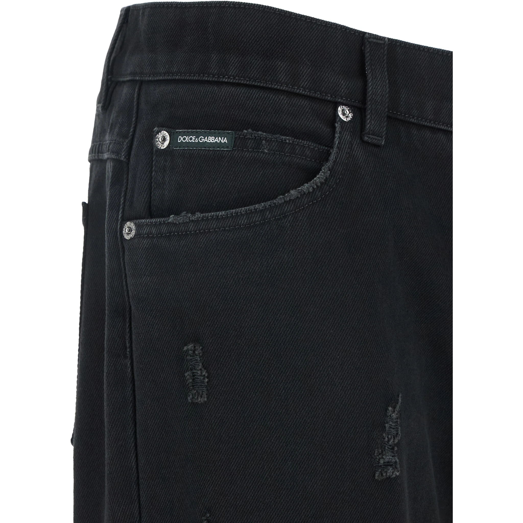 Black High Waist Jeans with Ripped Details and Logo Patch on the Rear in Denim Man