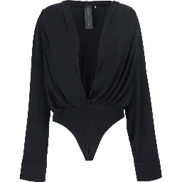 Black Oversized Blouse with Ruffles and Fixed Hood in Tech Fabric Woman