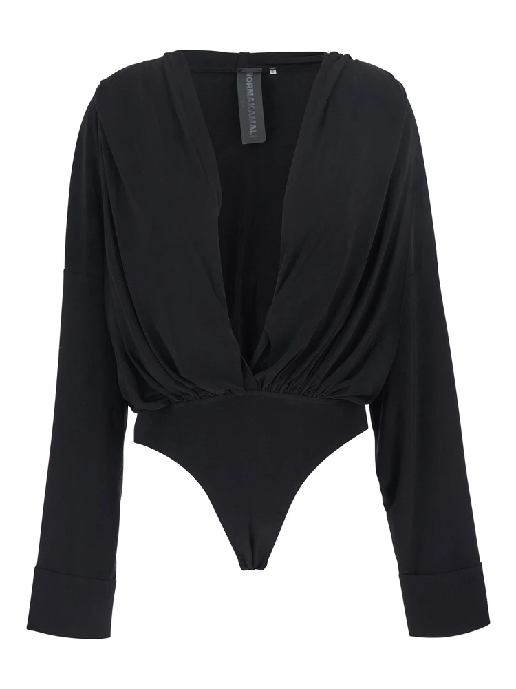 Black Oversized Blouse with Ruffles and Fixed Hood in Tech Fabric Woman