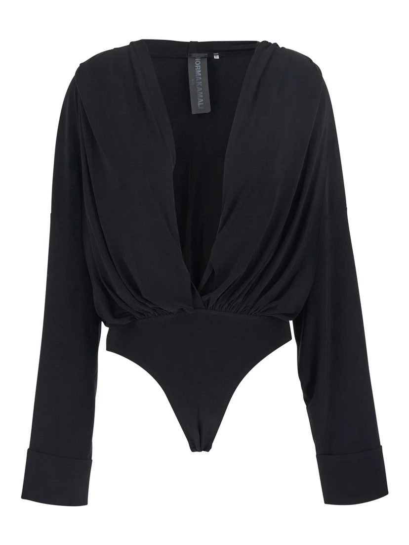 Black Oversized Blouse with Ruffles and Fixed Hood in Tech Fabric Woman