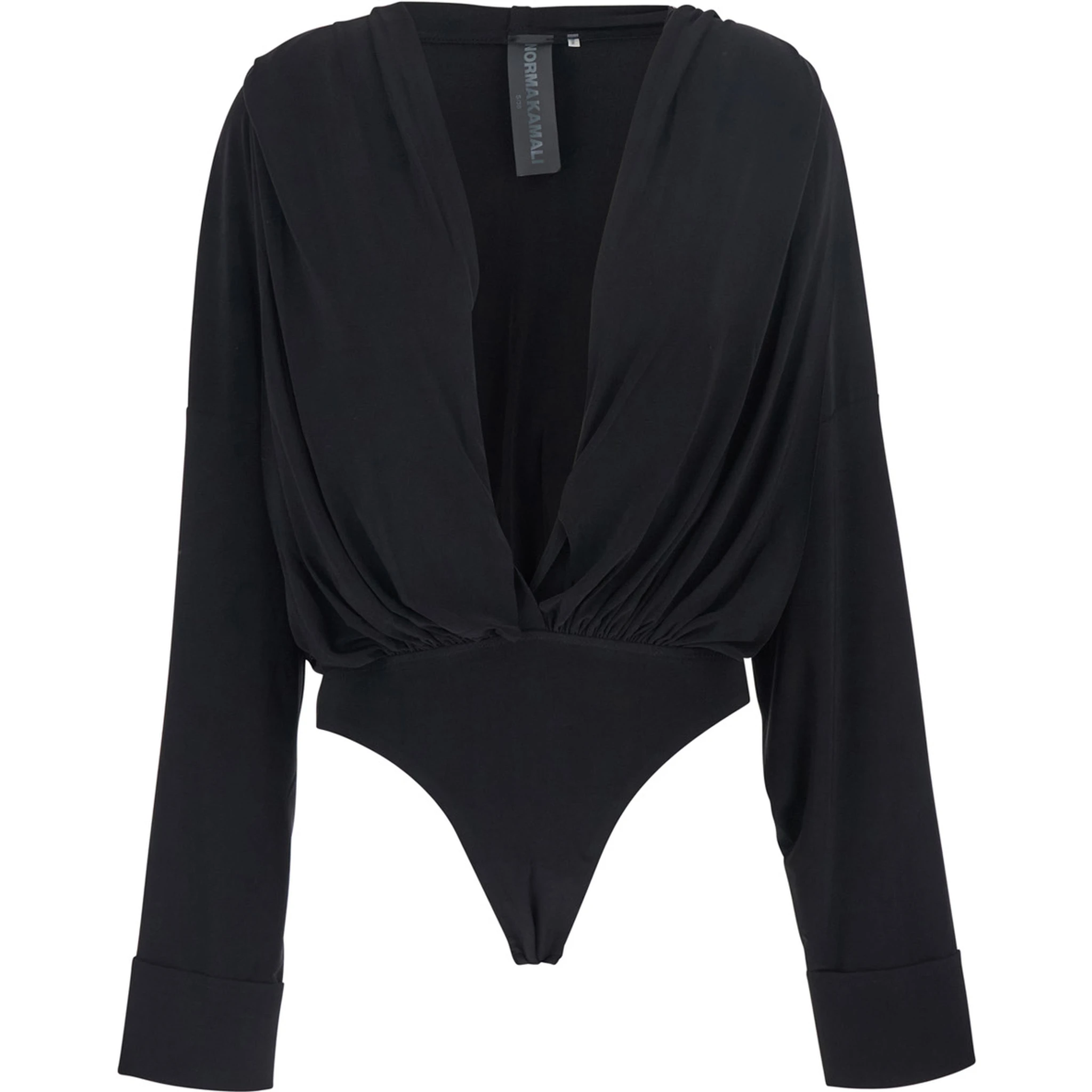 Black Oversized Blouse with Ruffles and Fixed Hood in Tech Fabric Woman