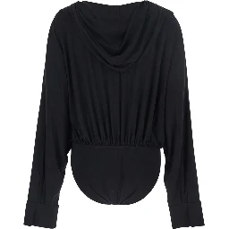 Black Oversized Blouse with Ruffles and Fixed Hood in Tech Fabric Woman