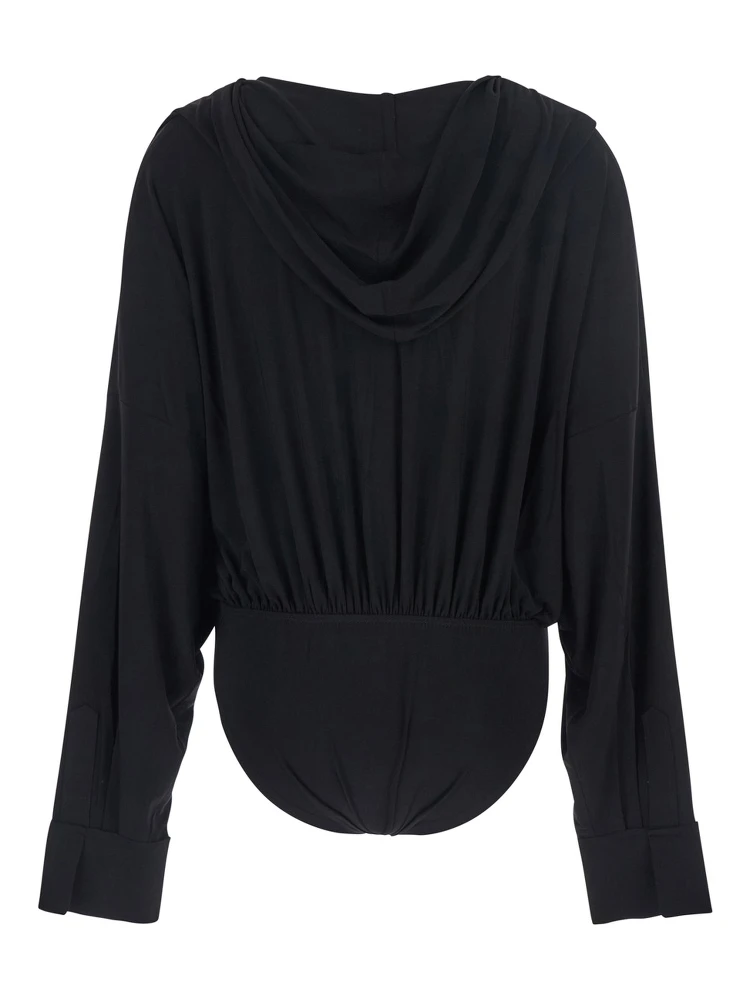 Black Oversized Blouse with Ruffles and Fixed Hood in Tech Fabric Woman alternative