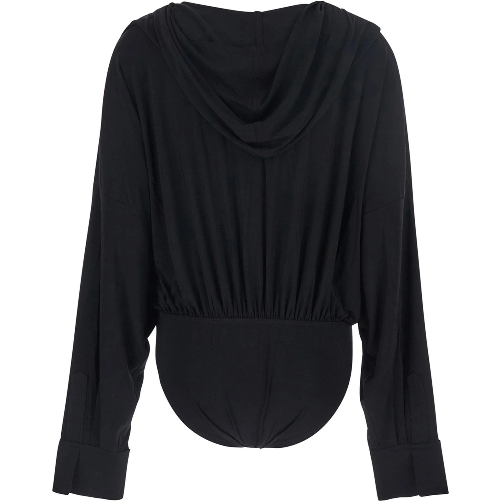 Black Oversized Blouse with Ruffles and Fixed Hood in Tech Fabric Woman
