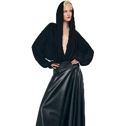 Black Oversized Blouse with Ruffles and Fixed Hood in Tech Fabric Woman