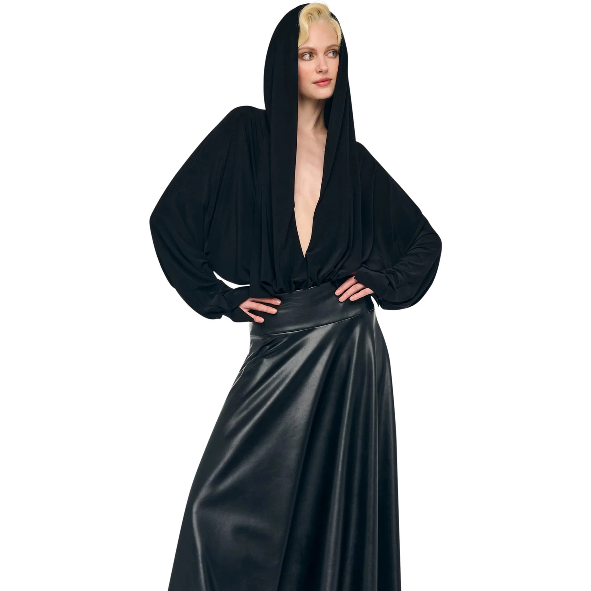 Black Oversized Blouse with Ruffles and Fixed Hood in Tech Fabric Woman