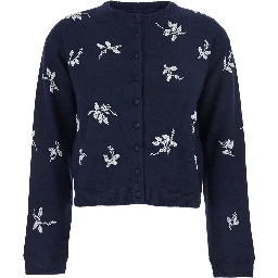 Blue Crew Neck Cardigan with Floral Embroidery in Cotton Blend Woman