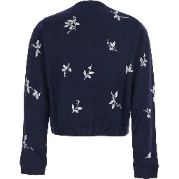 Blue Crew Neck Cardigan with Floral Embroidery in Cotton Blend Woman