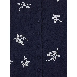 Blue Crew Neck Cardigan with Floral Embroidery in Cotton Blend Woman