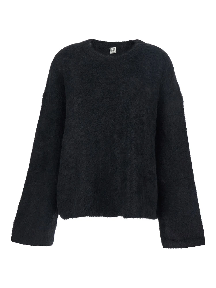 Black Crewneck Sweater with Wide Long Sleeves and Ribbed Trims in Wool Blend Woman