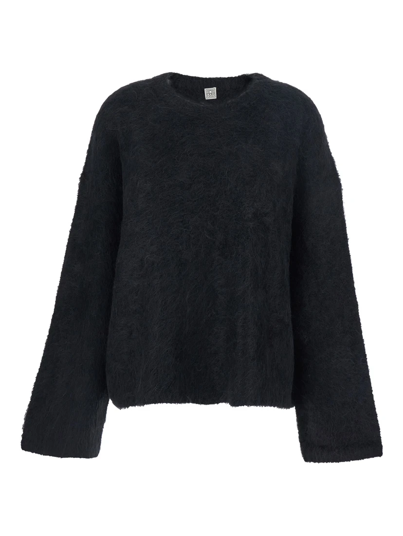 Black Crewneck Sweater with Wide Long Sleeves and Ribbed Trims in Wool Blend Woman