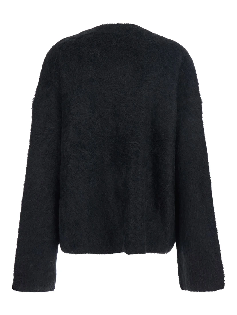 Black Crewneck Sweater with Wide Long Sleeves and Ribbed Trims in Wool Blend Woman