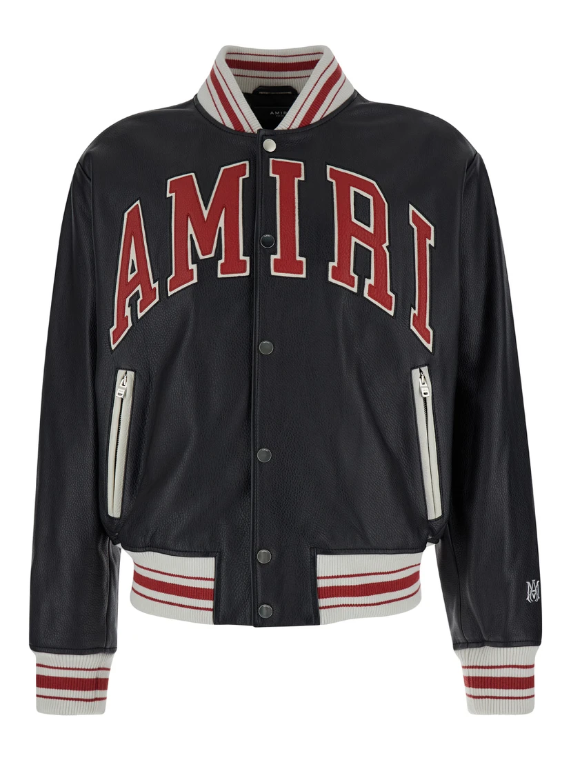 Black Bomber Jacket with Logo Patch in Leather Man