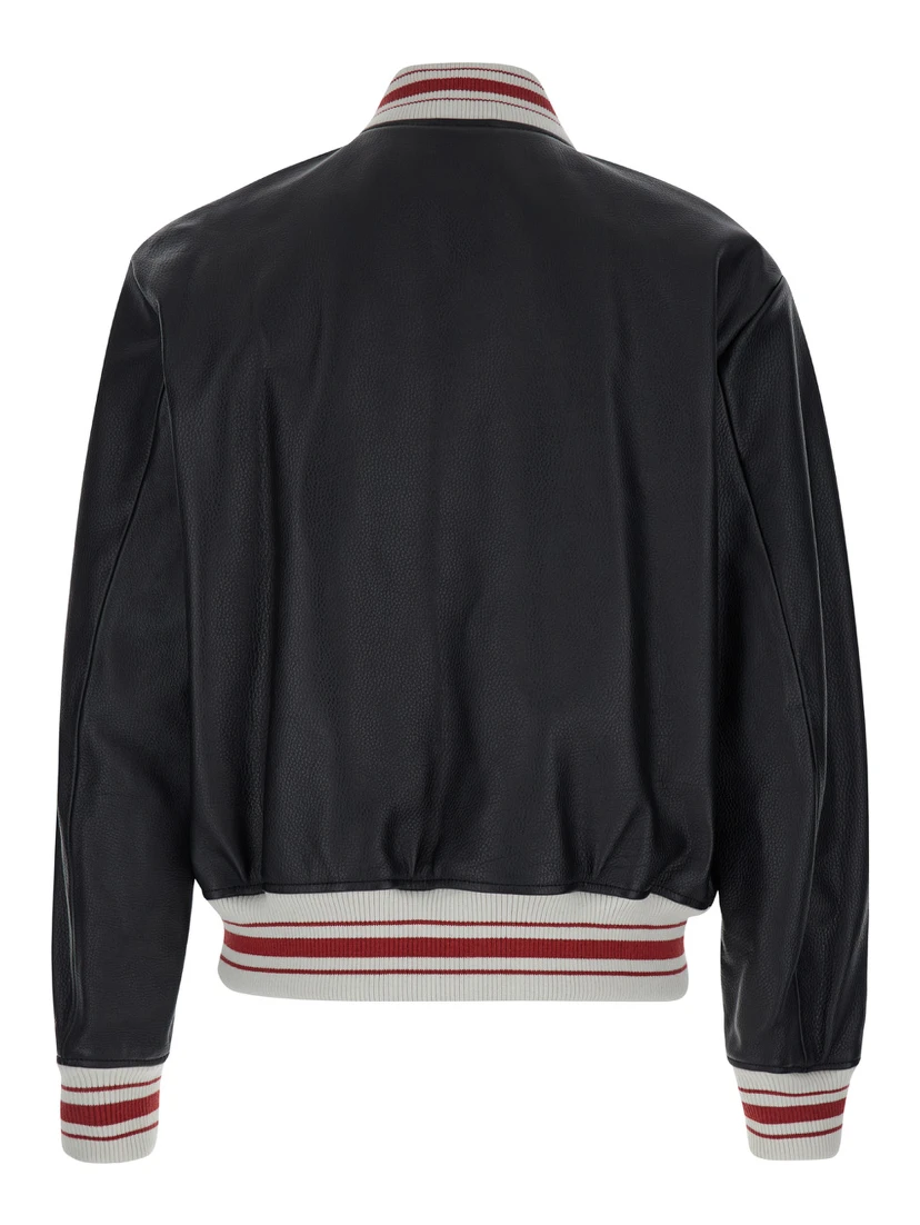 Black Bomber Jacket with Logo Patch in Leather Man