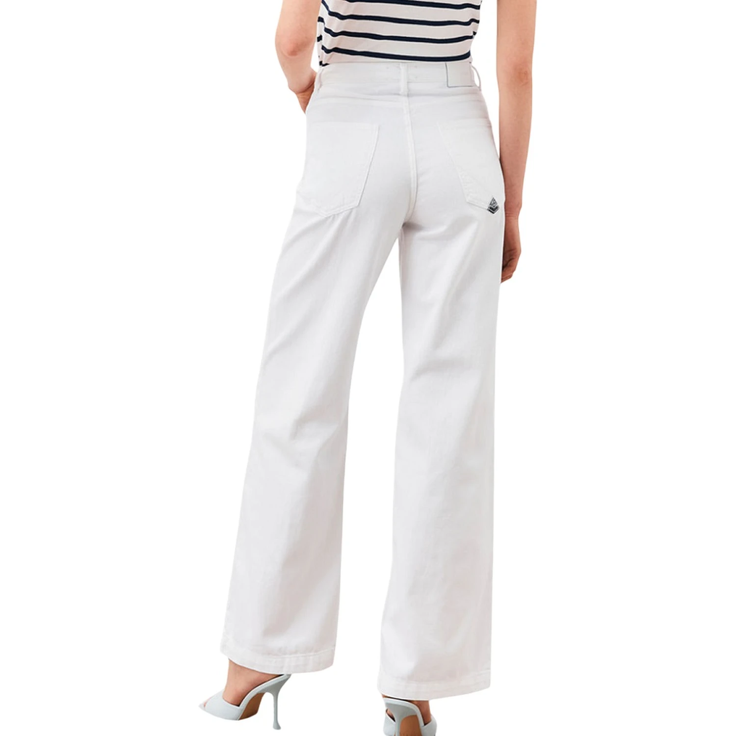 White palazzo leg jeans with a high waistband