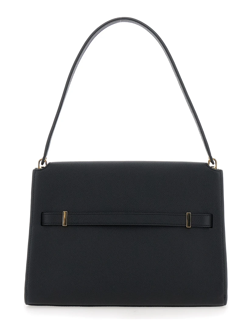 حقيبة كتف سوداء من لي رادزيويل، مصنوعة من الجلد، بحزام كتف واحد وإغلاق أمامي.