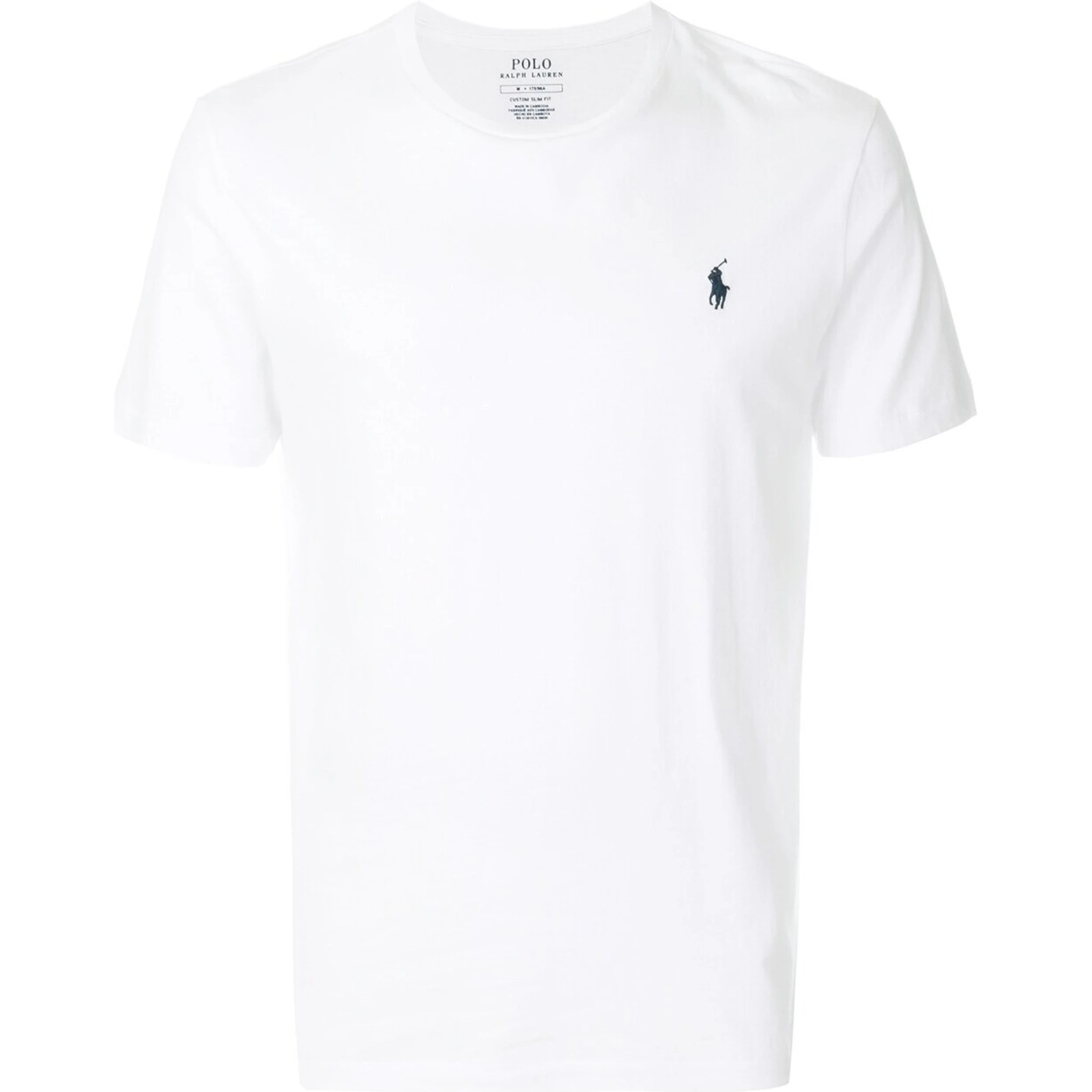 تيشيرت أبيض برقبة دائرية وقصة ضيقة مخصصة، مزين بتطريز شعار الحصان على الجهة الأمامية، مصنوع من القطن الرجالي.