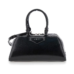 Antigona East West Black Small Handbag with Adjustable and Removable Shoulder Strap and Logo Lettering on the Front in Leather Woman