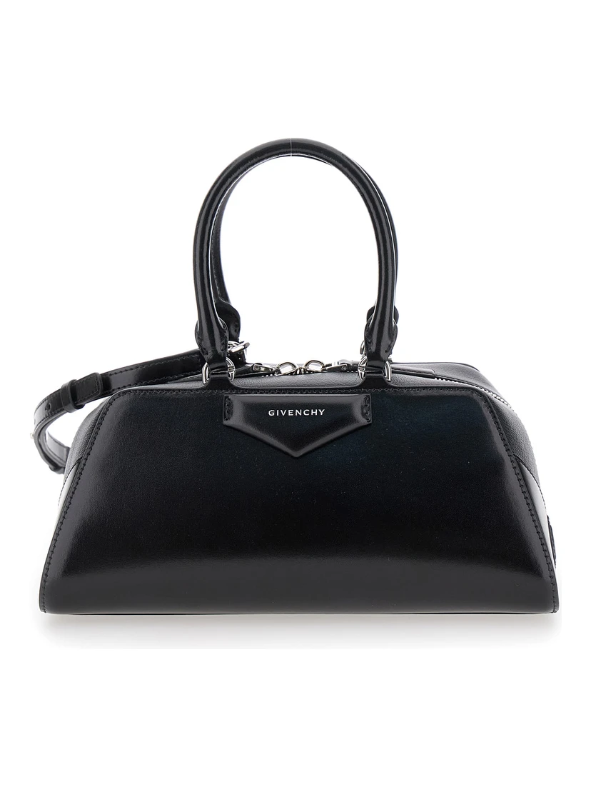 Antigona East West Black Small Handbag with Adjustable and Removable Shoulder Strap and Logo Lettering on the Front in Leather Woman