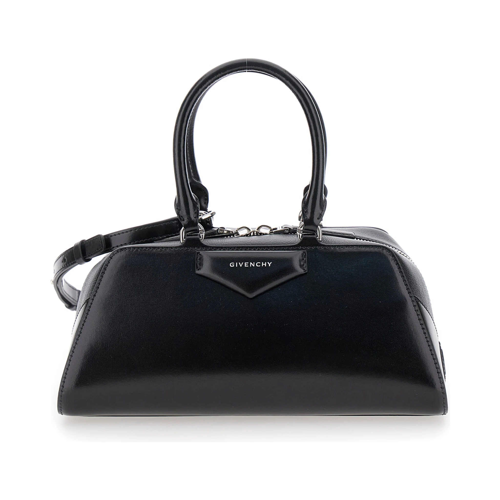 Antigona East West Black Small Handbag with Adjustable and Removable Shoulder Strap and Logo Lettering on the Front in Leather Woman