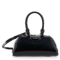 Antigona East West Black Mini Handbag with Adjustable and Removable Shoulder Strap and Logo Lettering on the Front in Leather Woman