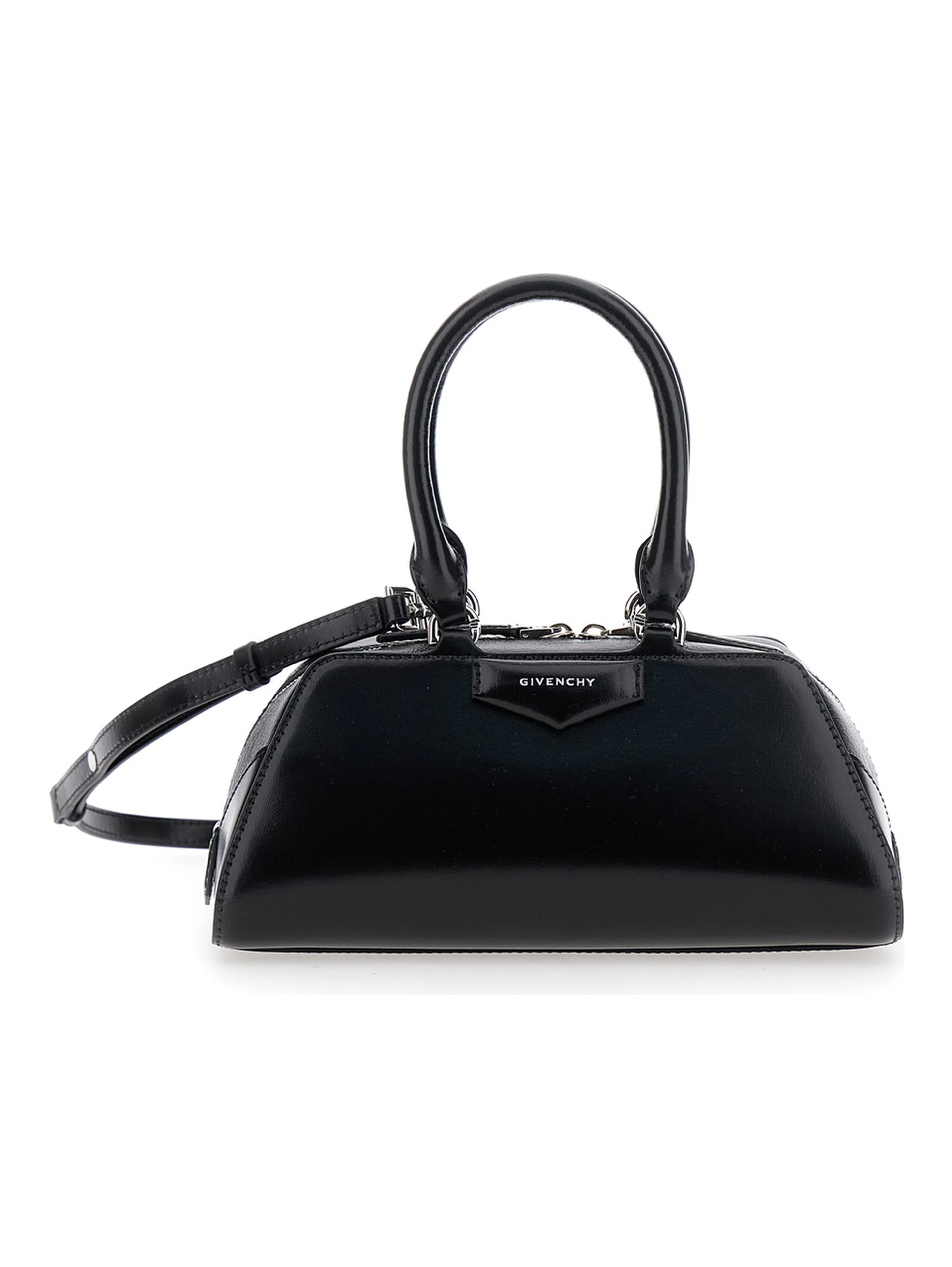 Antigona East West Black Mini Handbag with Adjustable and Removable Shoulder Strap and Logo Lettering on the Front in Leather Woman