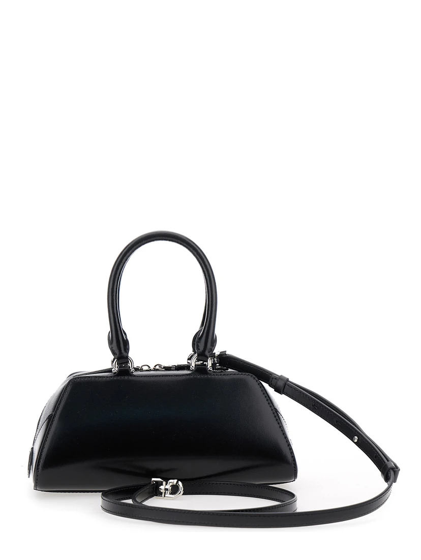 Antigona East West Black Mini Handbag with Adjustable and Removable Shoulder Strap and Logo Lettering on the Front in Leather Woman