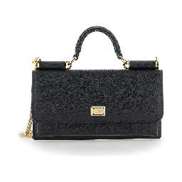 Black Handbag with Logo Plaque in Grained Leather Woman