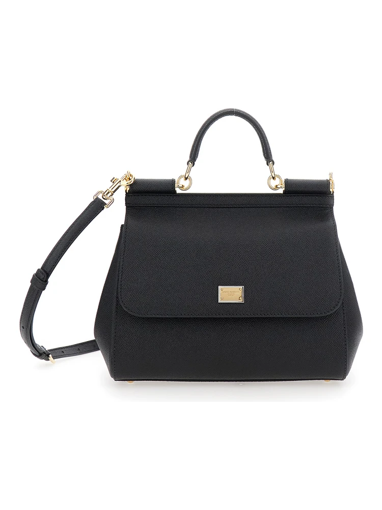 Sicily Black Medium Handbag with Adjustable and Removable Shoulder Strap and Logo Plaque on the Front in Grained Leather Woman