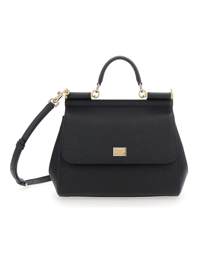 Sicily Black Medium Handbag with Adjustable and Removable Shoulder Strap and Logo Plaque on the Front in Grained Leather Woman
