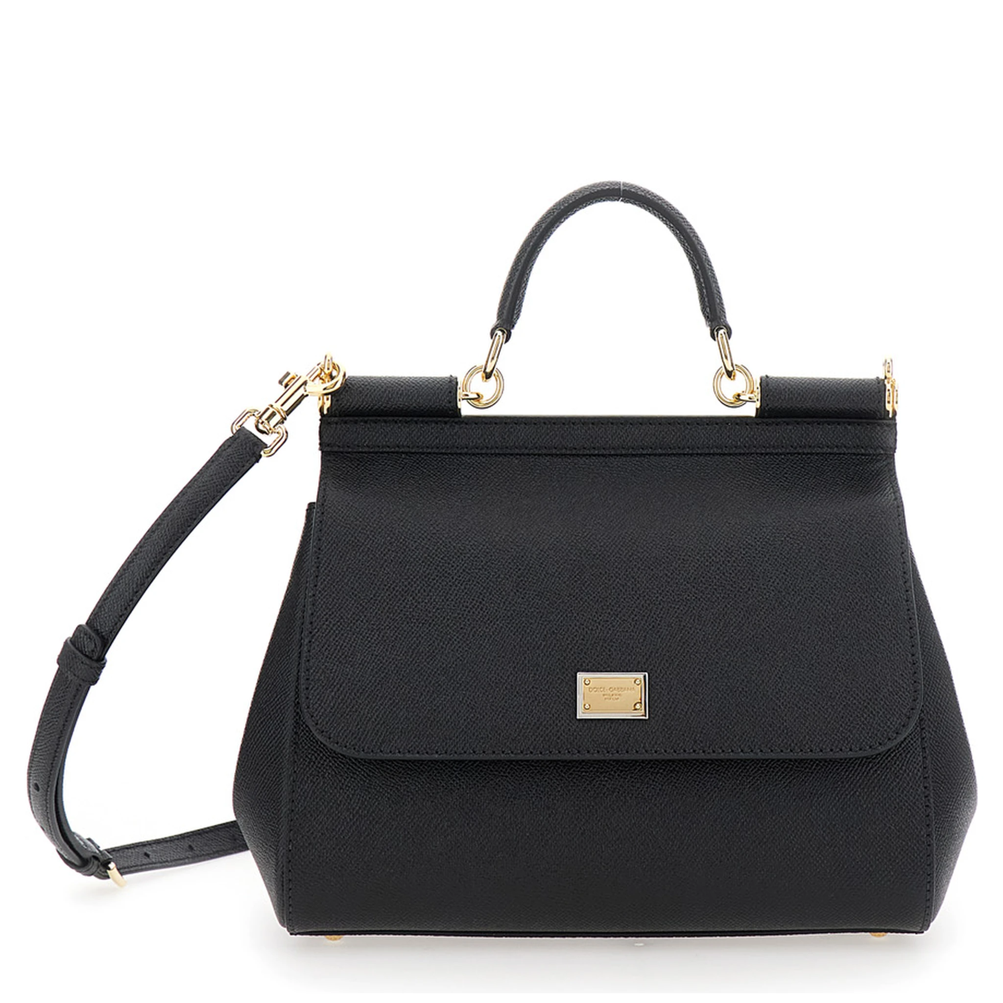 Sicily Black Medium Handbag with Adjustable and Removable Shoulder Strap and Logo Plaque on the Front in Grained Leather Woman