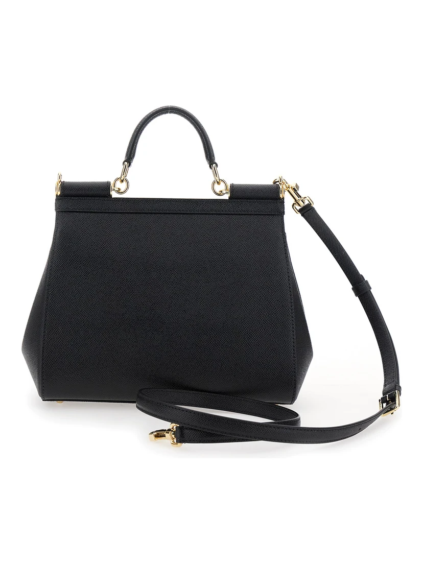 Sicily Black Medium Handbag with Adjustable and Removable Shoulder Strap and Logo Plaque on the Front in Grained Leather Woman