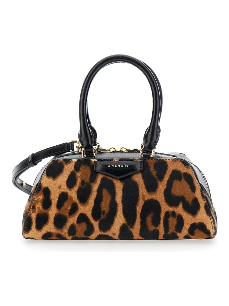 Antigona East West Brown Mini Handbag with Animalier Print and Logo Lettering on the Front in Leather Woman