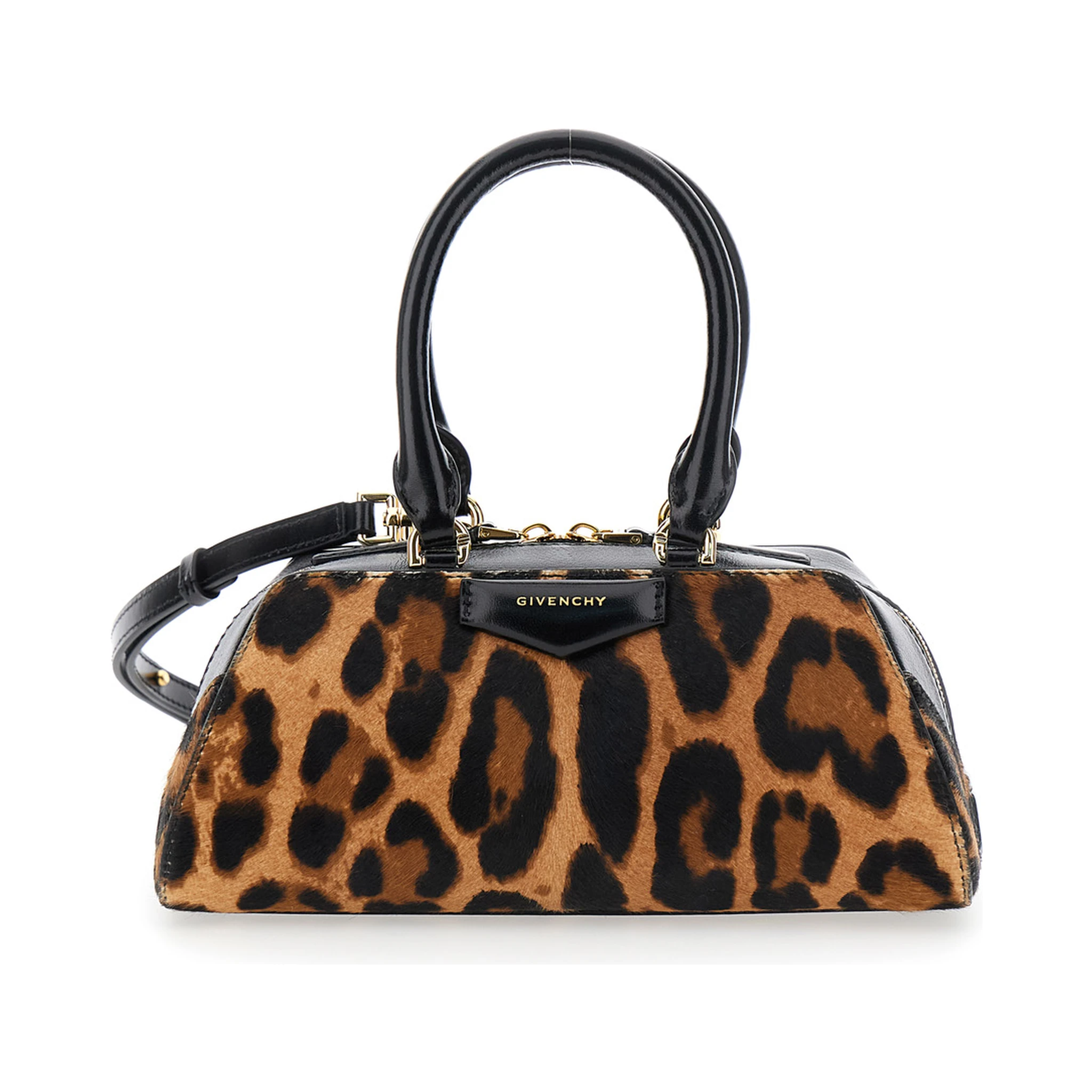 Antigona East West Brown Mini Handbag with Animalier Print and Logo Lettering on the Front in Leather Woman