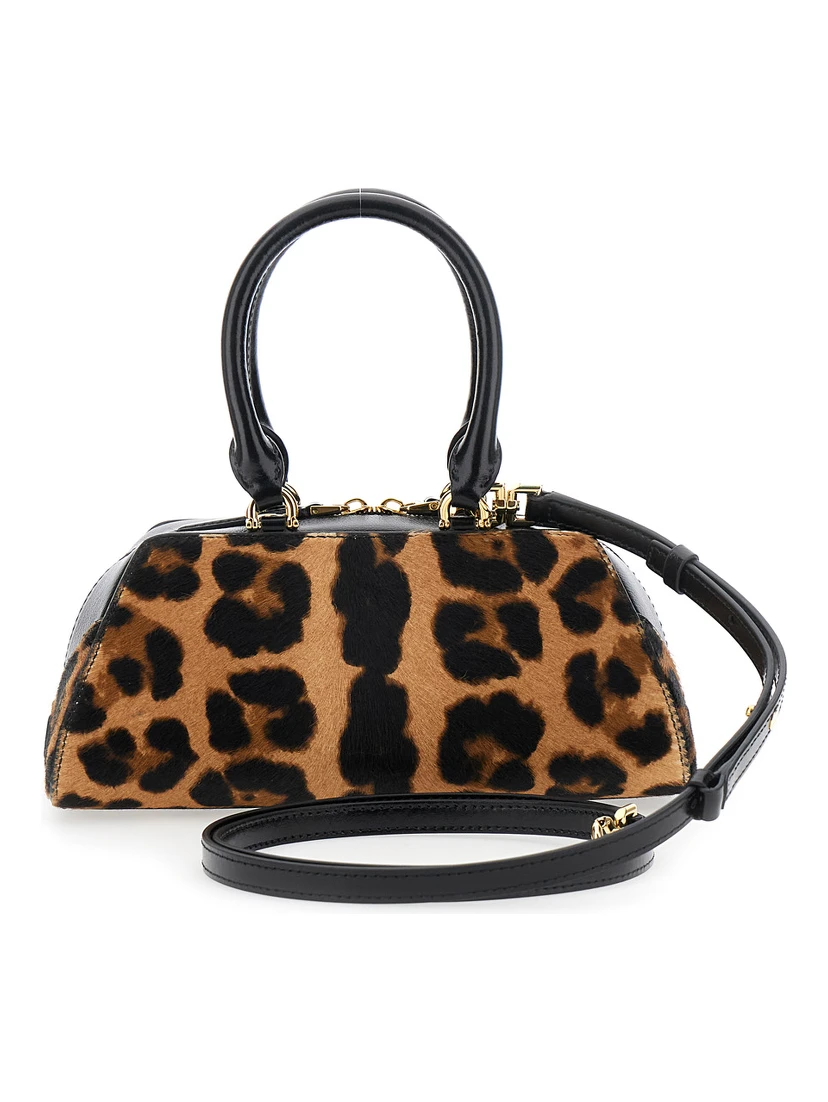 Antigona East West Brown Mini Handbag with Animalier Print and Logo Lettering on the Front in Leather Woman