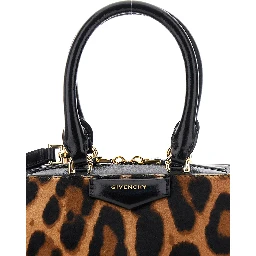 Antigona East West Brown Mini Handbag with Animalier Print and Logo Lettering on the Front in Leather Woman