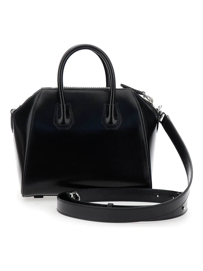 Antigona Small Black Handbag with Laminated Logo in Hammered Leather Woman