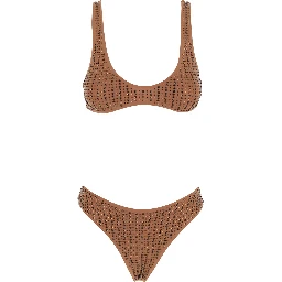Brown Bikini with Stud Embellishments in Tech Fabric Stretch Woman